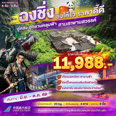 ทัวร์จีน ACH53-02 ฉงชิ่ง อู่หลง อุทยานหลุมฟ้า สามสะพานสวรรค์ ฟรีเดย์ 1วัน CKG2602_CZ (141069)