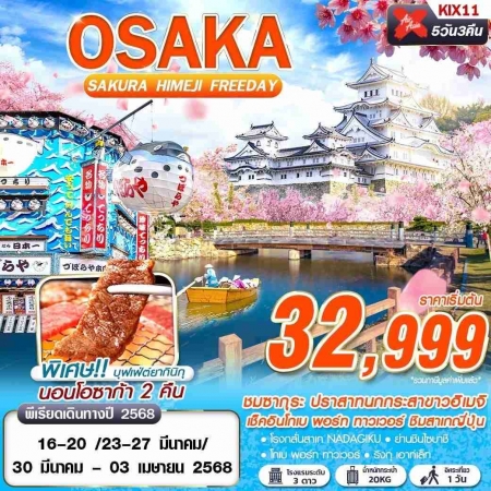 ทัวร์ญี่ปุ่น AJP63-16 XJ DMK OSAKASAKURA HIMEJI บินเช้า FREEDAY KIX11 (300368)