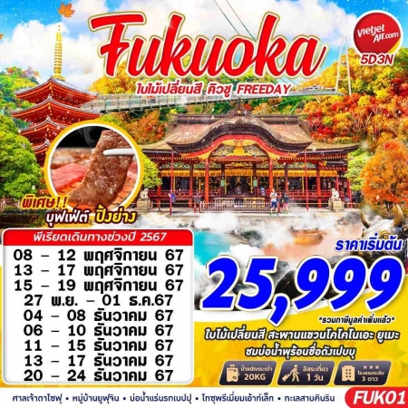 ทัวร์ญี่ปุ่น AJP63-33 FUKUOKA AUTUMN ใบไม้เปลี่ยนสี คิวชู FREEDAY FUK01 (201267)