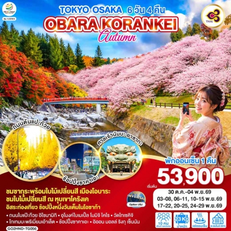 ทัวร์ญี่ปุ่น AJP75-22 TOKYO OSAKA OBARA KORANKEI AUTUMN ฟรีเดย์1วัน HND-TG056 (201169)