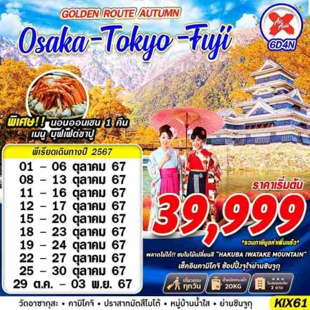 ทัวร์ญี่ปุ่น AJP63-15 OSAKA TOKYO FUJI GOLDEN ROUTE AUTUMN เที่ยวเต็ม KIX61(291067)     